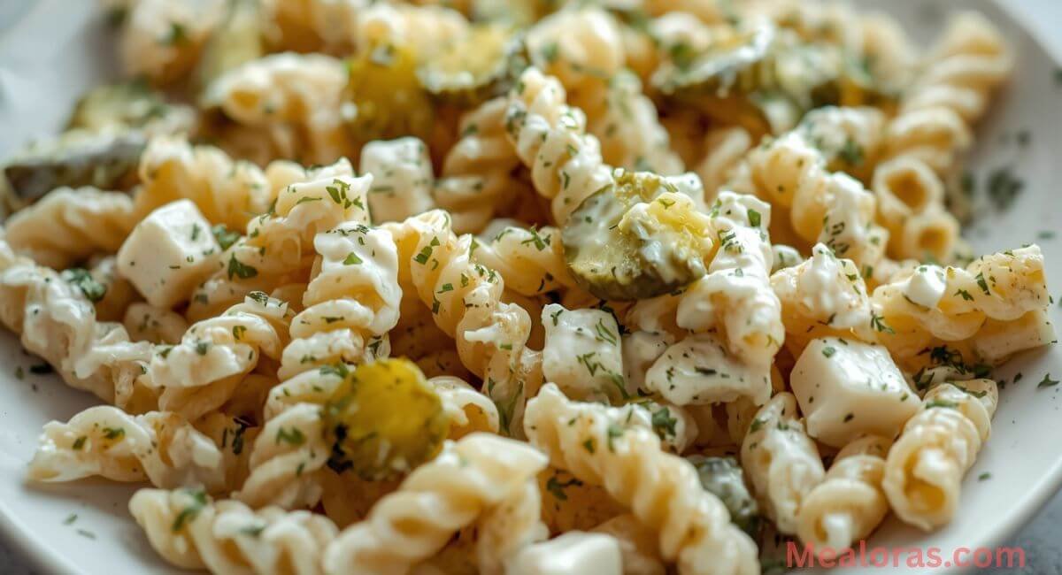 Cold pasta salad with dill pickles, cheddar cheese, and creamy sauce