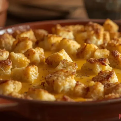 Dolly’s Chicken and Stuffing Casserole fresh from the oven — golden, creamy layers of chicken, stuffing, and melted cheese bubbling in a white baking dish
