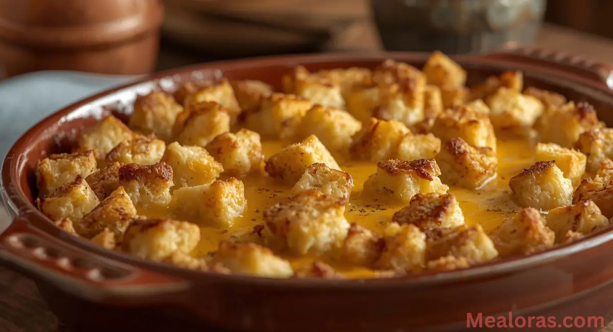 Dolly’s Chicken and Stuffing Casserole fresh from the oven — golden, creamy layers of chicken, stuffing, and melted cheese bubbling in a white baking dish