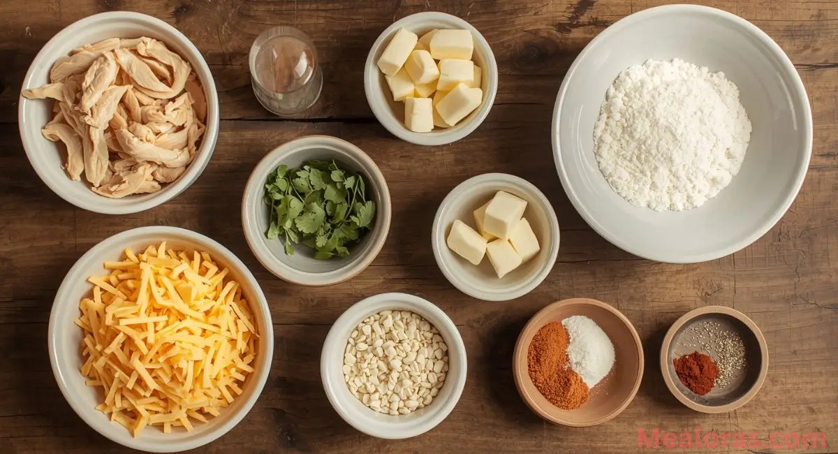 Ingredients for Dolly’s Chicken and Stuffing Casserole neatly arranged — shredded chicken, stuffing mix, cream of chicken soup, broth, and cheese on a rustic kitchen counter.