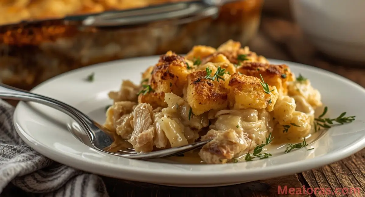 Serving Dolly’s Chicken and Stuffing Casserole with green beans and mashed potatoes on a cozy dinner table
