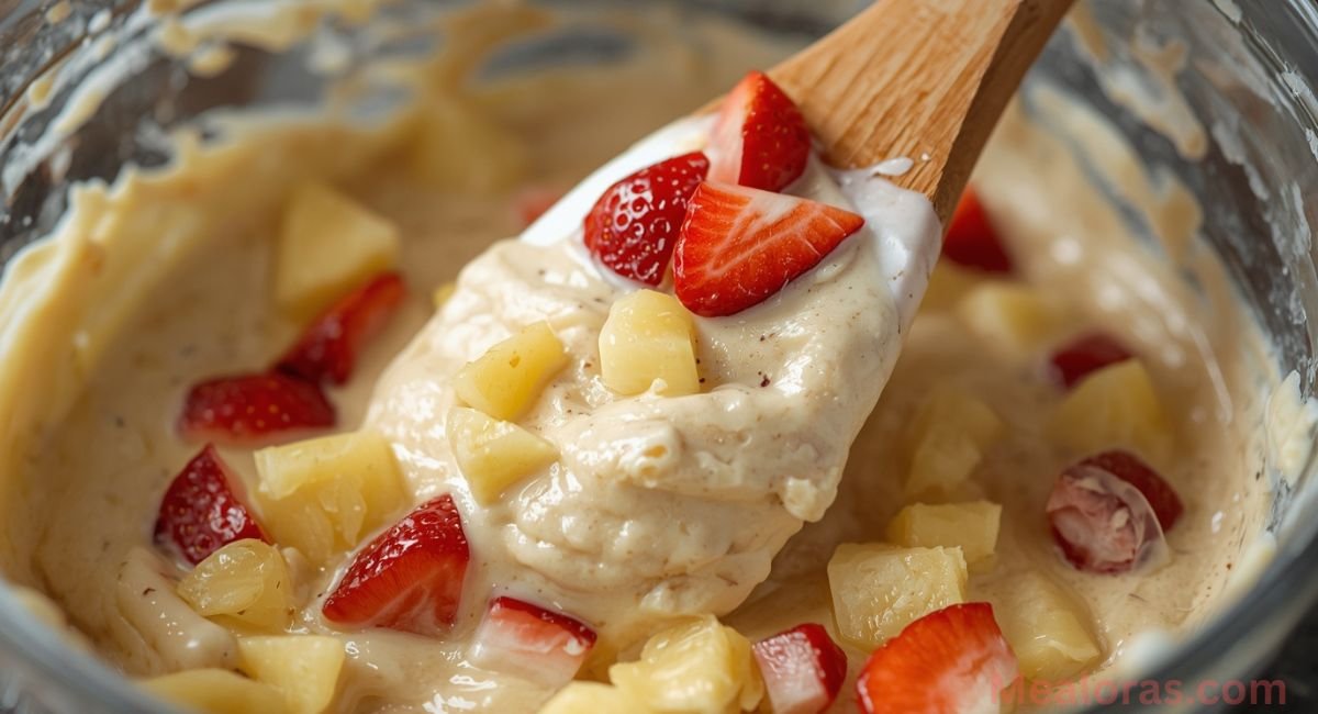 Moist pineapple strawberry pound cake with fluffy crumb and fruity flavor