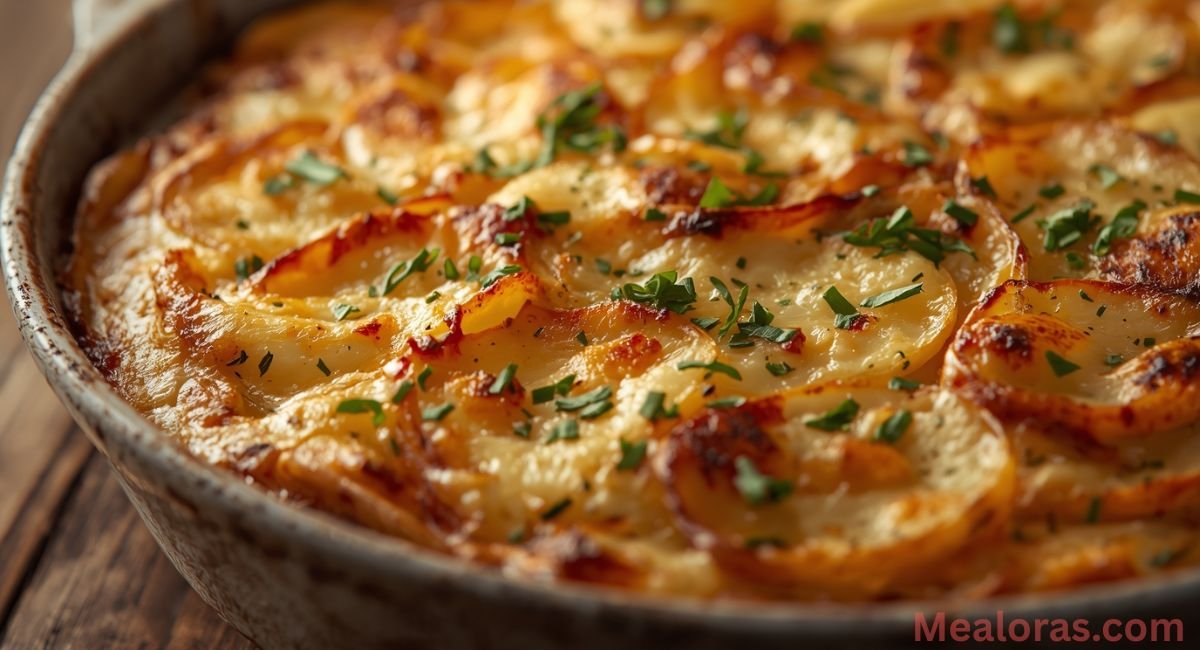 Golden bubbly Fleming’s potatoes in casserole dish, creamy cheese sauce layered over sliced potatoes