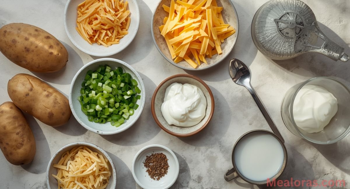 Ingredients for Fleming’s Potatoes copycat recipe including russet potatoes, leeks, jalapeños, cheese, cream and butter