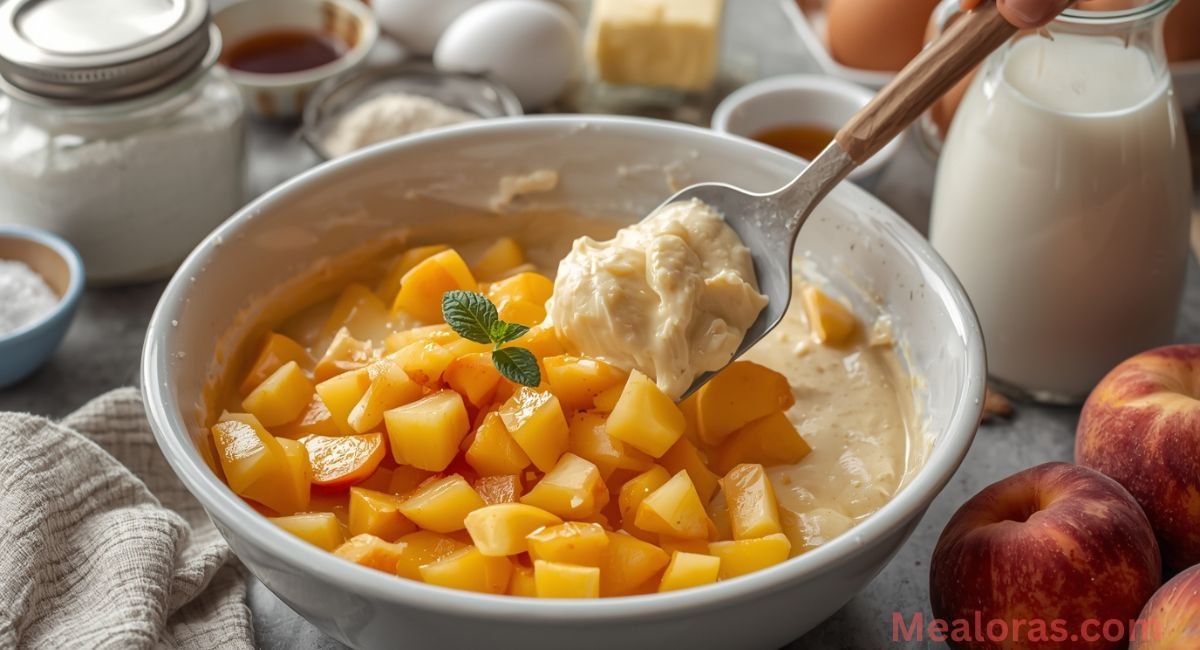 Freshly baked homemade peach pound cake dusted with powdered sugar