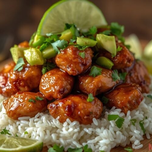 Honey-lime chicken stacked on avocado and lime rice, garnished with fresh cilantro and lime zest