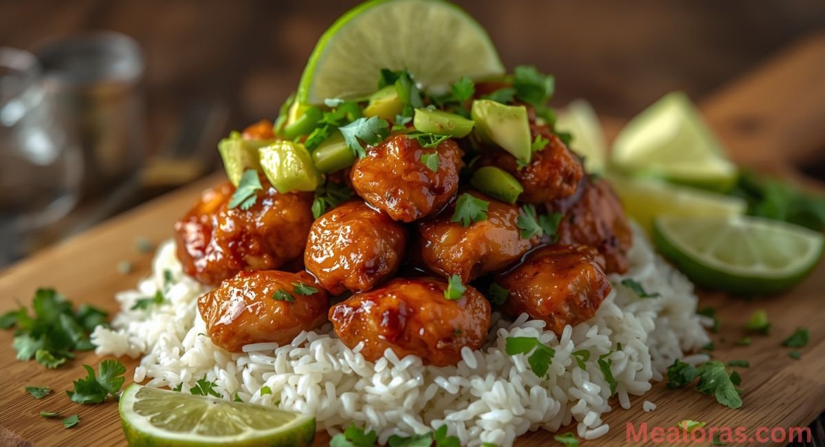 Honey-lime chicken stacked on avocado and lime rice, garnished with fresh cilantro and lime zest