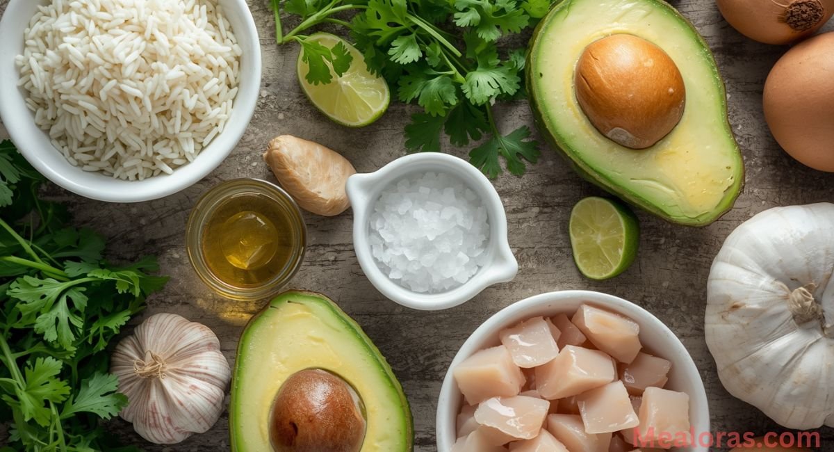 Ingredients for honey-lime chicken and avocado rice stack including chicken, honey, lime, garlic, avocado, rice, and cilantro
