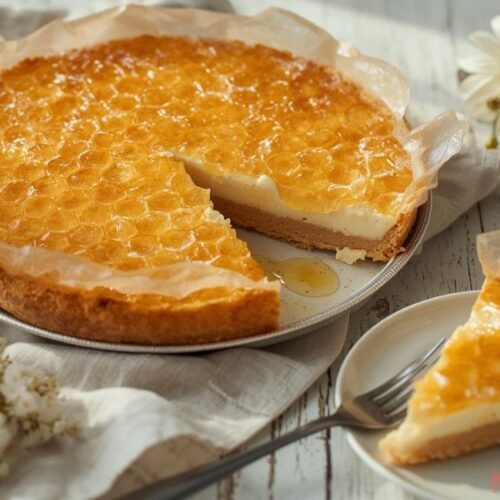honeycomb pie topped with syrup drizzle and honeycomb texture, slice served on a plate beside it, ready to eat
