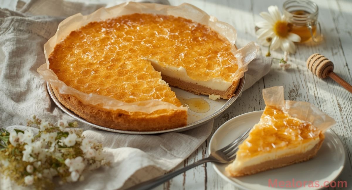 honeycomb pie topped with syrup drizzle and honeycomb texture, slice served on a plate beside it, ready to eat
