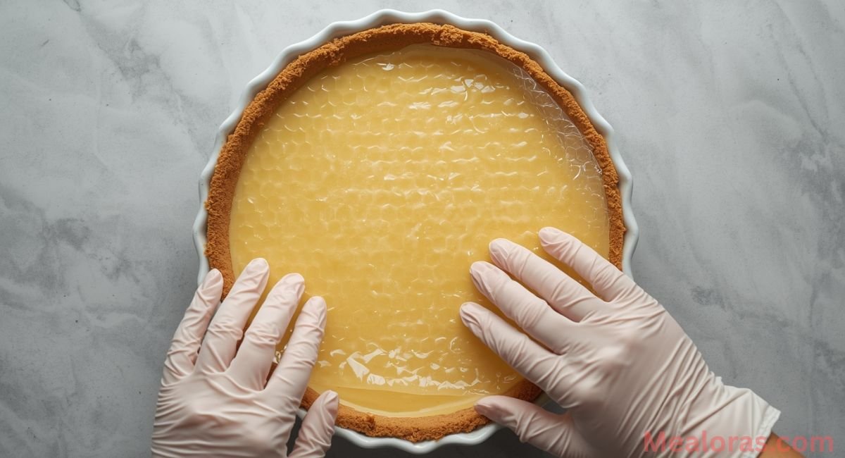 imprint-honeycomb-bubble-wrap Food-safe bubble wrap being placed bubble-side down over a smooth custard surface to imprint honeycomb texture