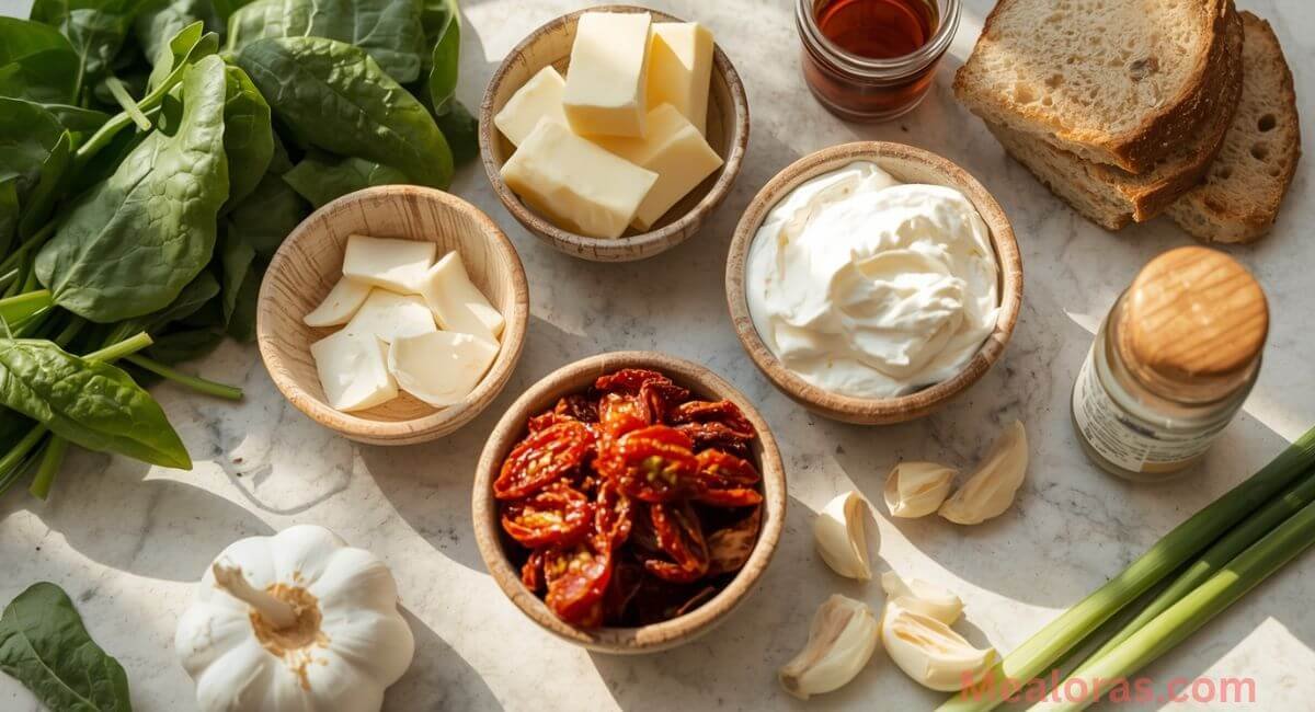 All ingredients for creamy ricotta and spinach grilled cheese sandwich: ricotta, provolone, Parmesan, garlic, spinach, basil, sun-dried tomatoes, thick-cut bread, and butter, neatly arranged on a wooden surface