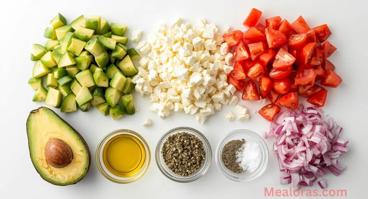 keto-avocado-tomato-feta-salad-ingredients Fresh ingredients for Keto Avocado Tomato Feta Salad — avocado, tomato, feta, and olive oil