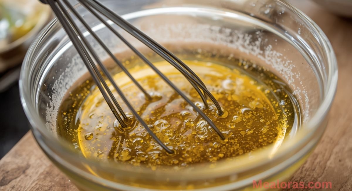 keto-avocado-tomato-feta-salad-step-1-vinaigrette Whisking olive oil, apple cider vinegar, and mustard to make keto vinaigrette dressing