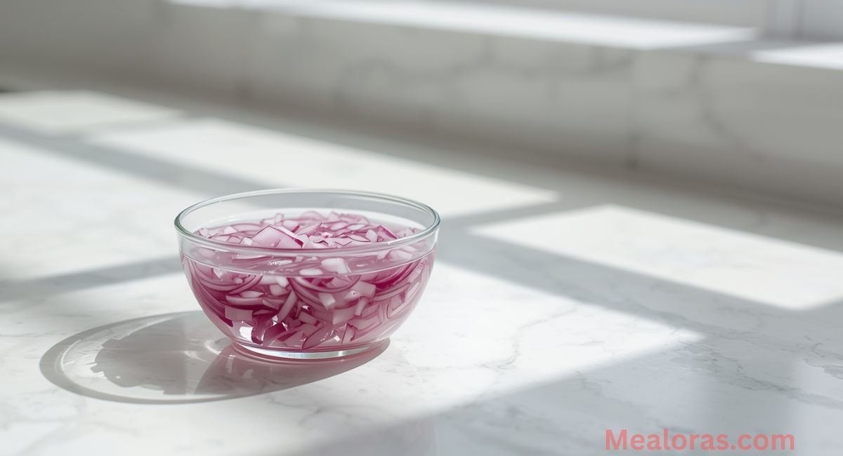 keto-avocado-tomato-feta-salad-step-2-soak-onions Diced red onions soaking in water to reduce sharp flavor for salad