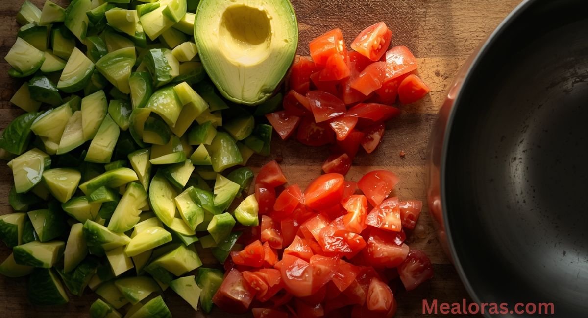 keto-avocado-tomato-feta-salad-step-3-dice-avocado-tomato Fresh diced avocado and chopped tomato on a cutting board for keto salad