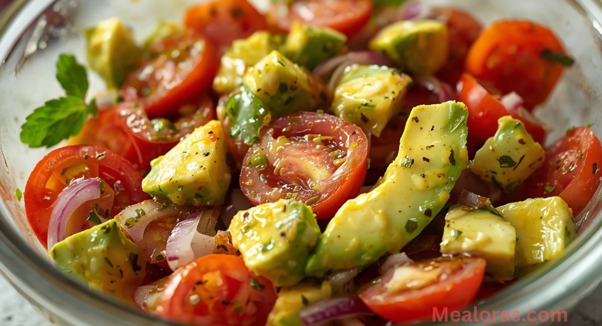 keto-avocado-tomato-feta-salad-step-4-mix-and-toss Mixing avocado, tomato, and onion with vinaigrette in a glass bowl