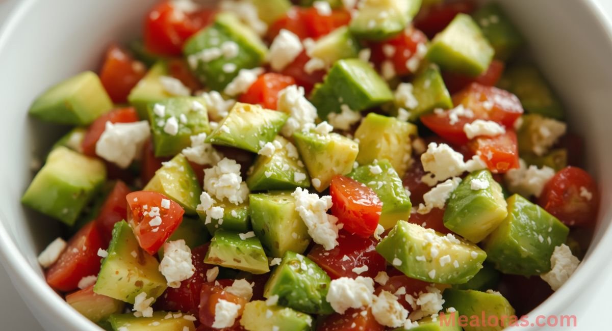 keto-avocado-tomato-feta-salad-step-5-add-feta Crumbled feta cheese being sprinkled over avocado tomato salad