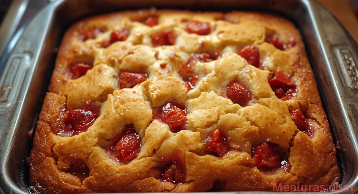 Layering cinnamon sugar between strawberry honeybun cake batter before baking
