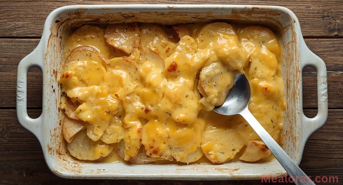 Layered potatoes with creamy cheese sauce in baking dish for Fleming’s potatoes