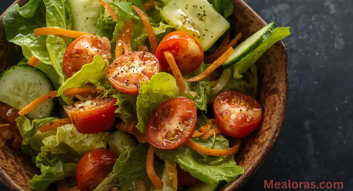 Fresh Lexingtonian house salad with romaine, cherry tomatoes, cucumbers, and carrots in a bowl
