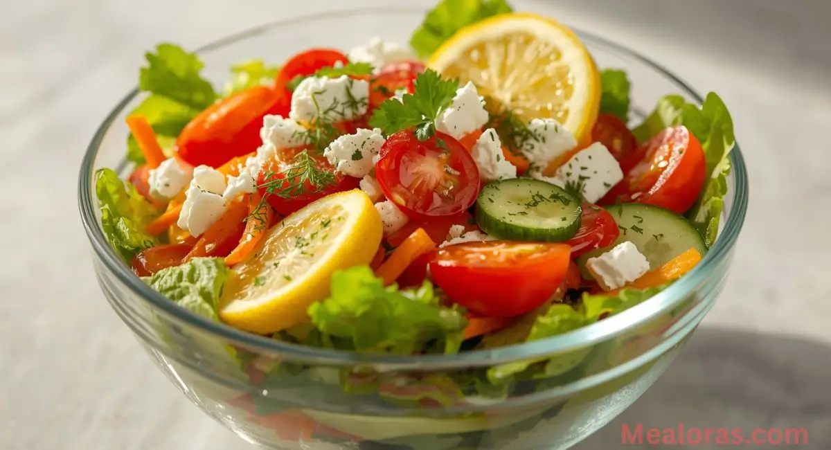 Beautifully presented Lexingtonian house salad in a glass bowl with feta, lemon slices, and fresh herbs