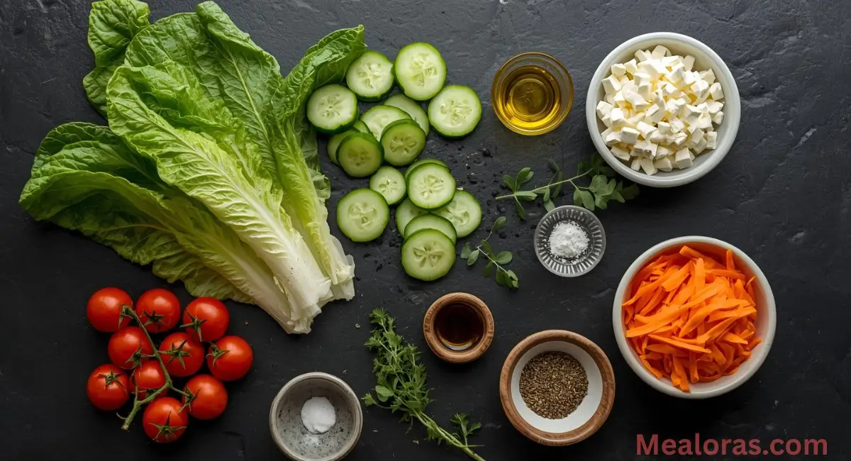 Lexingtonian salad ingredients arranged with romaine, cherry tomatoes, cucumber, and carrots