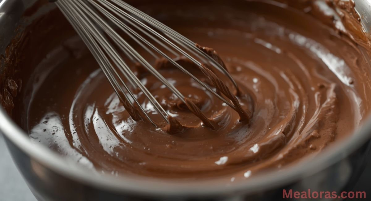 Whisking smooth chocolate pudding in a medium bowl, thickening texture, ready to layer