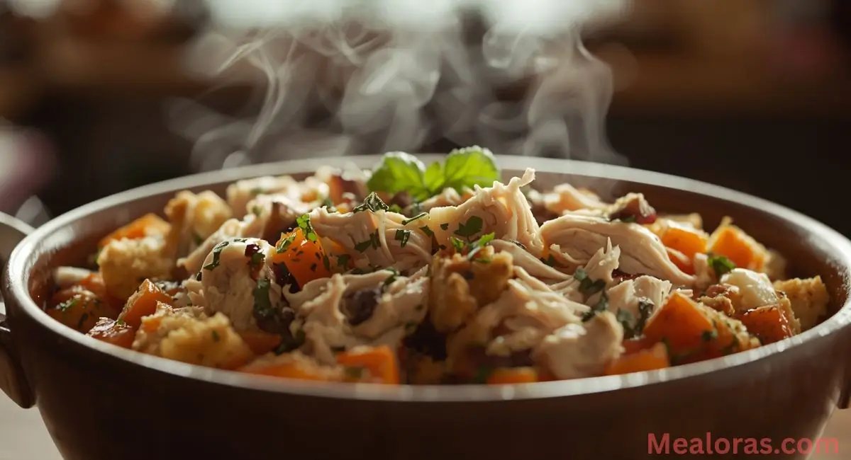 Mixing Dolly’s Chicken and Stuffing Casserole in a glass bowl — tender chicken, creamy soup, and seasoned stuffing combined before baking