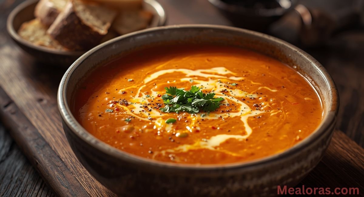 Bowl of creamy tomato bisque soup topped with melted cheese and fresh herbs, served with crusty bread on a rustic wooden table, steam rising for a cozy and inviting presentation.