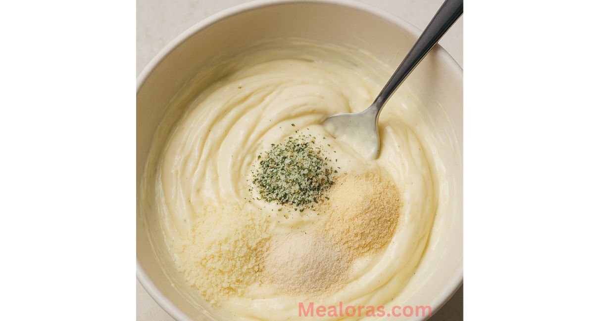 Mixing mayonnaise, Parmesan, Ranch seasoning, garlic, and onion powder in a bowl