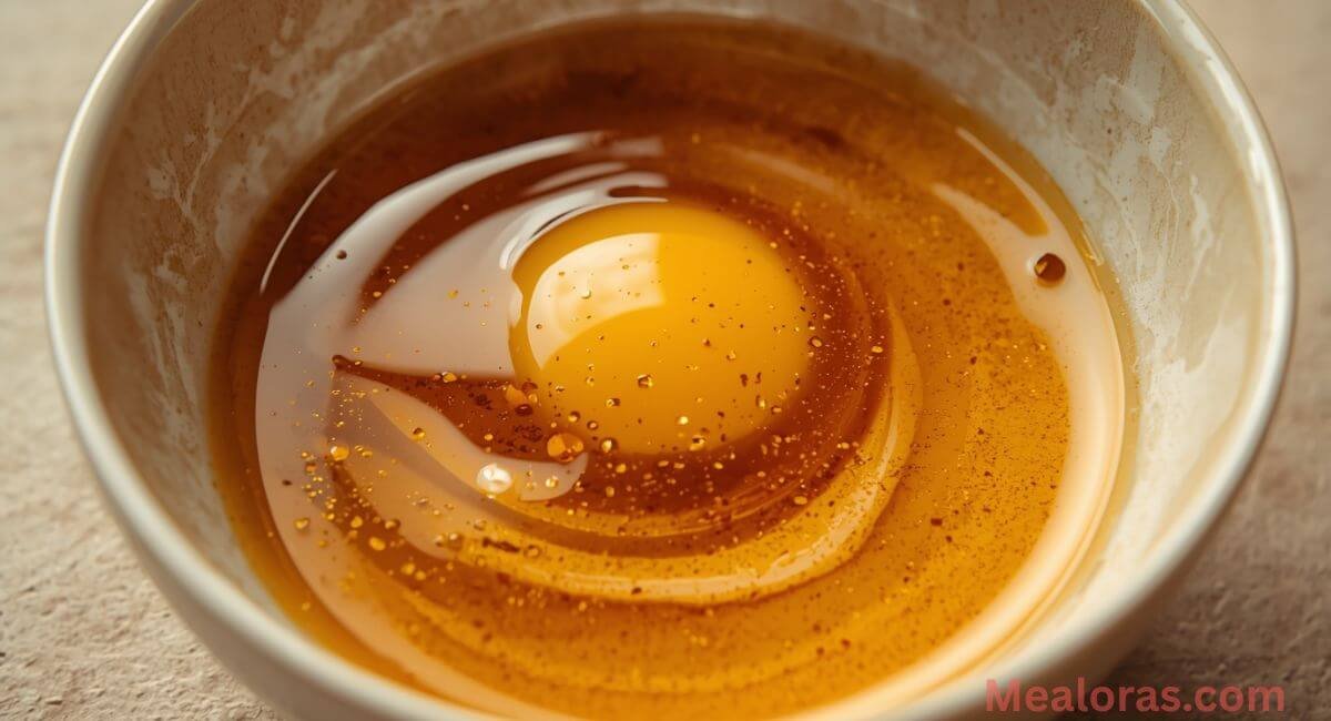 Mixing water, soy sauce, and sesame oil into whisked eggs