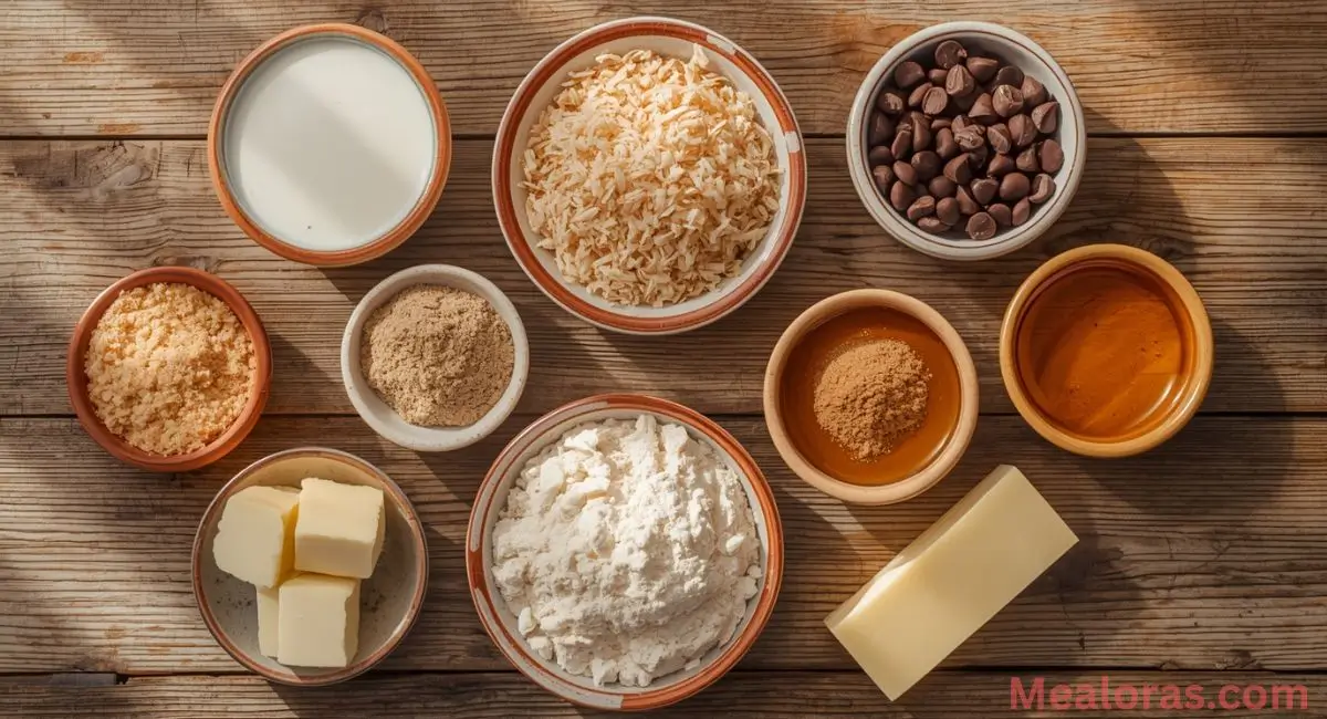 Ingredients for Moose Farts recipe: sweetened condensed milk, butter, graham cracker crumbs, shredded coconut, chocolate chips, and vanilla