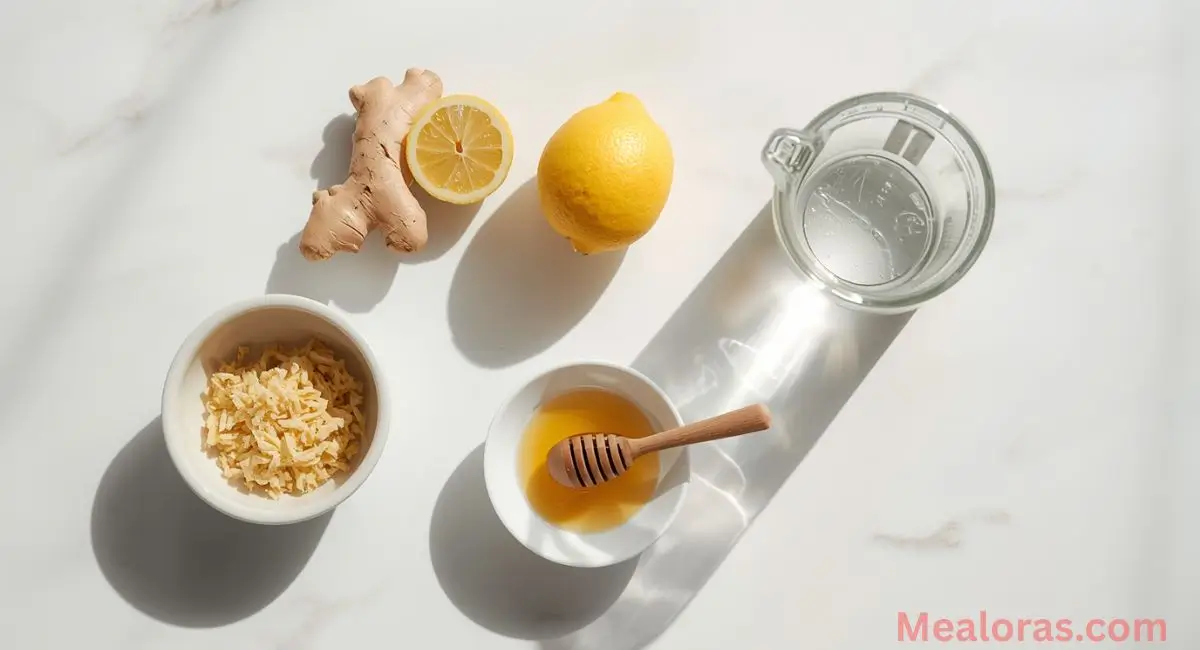 Ingredients for natural Mounjaro recipe including ACV, lemon, ginger, honey, and warm water