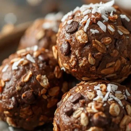 no-bake Moose Farts chocolate and coconut balls on a white platter, showing chewy texture and cocoa coating