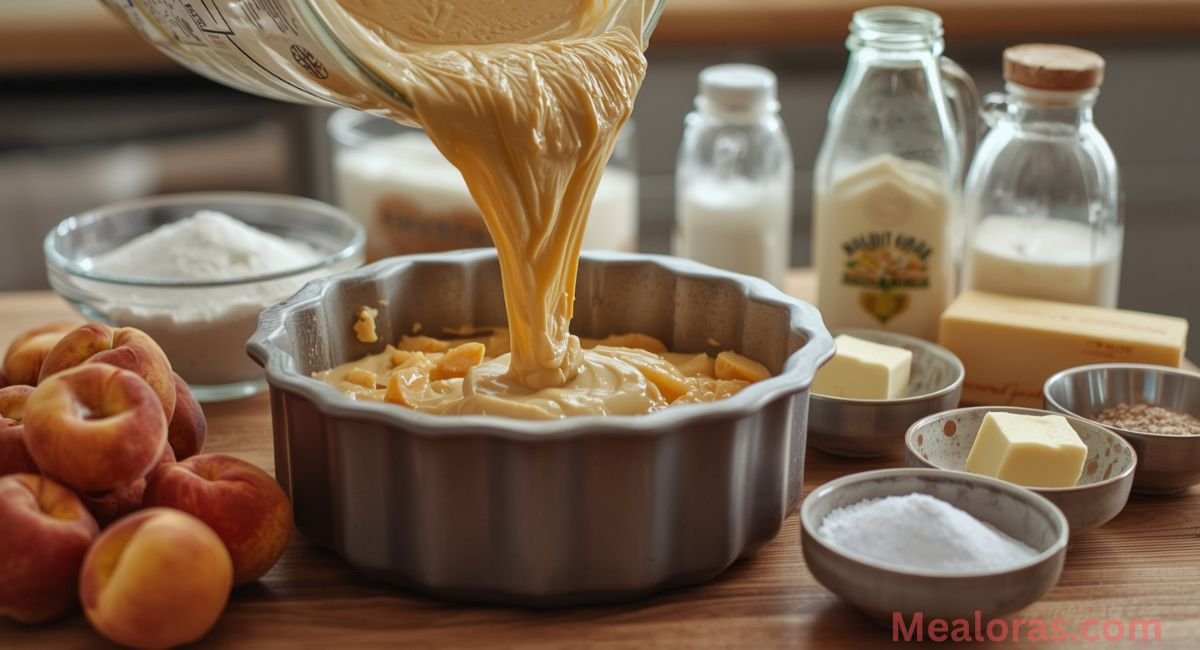 Bundt-style peach cake with buttermilk, topped with juicy peach slices