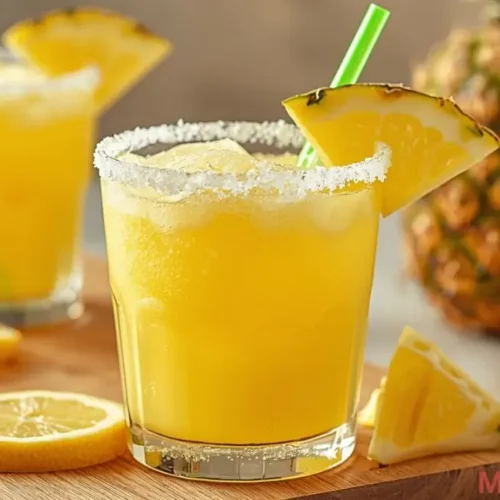 Refreshing Pineapple Lemon Drop Mocktail in a sugar-rimmed glass with lemon and pineapple garnish