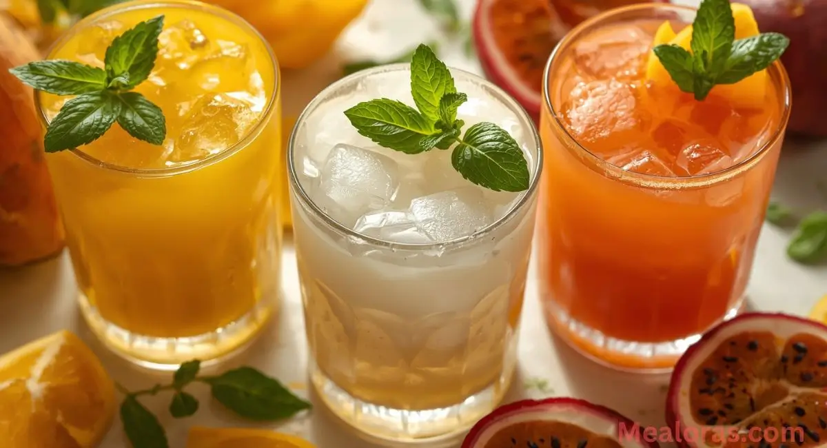 ropical Pineapple Lemon Drop Mocktail variations with mango, coconut, and passionfruit juices, garnished with mint and basil