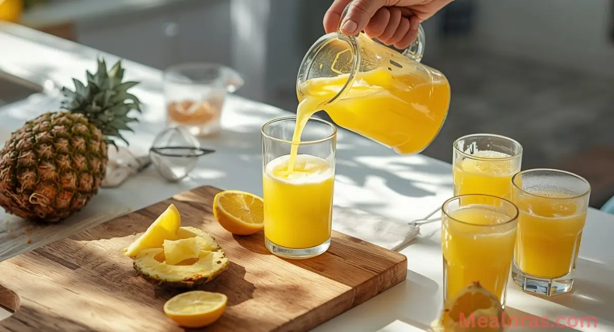 Pouring pineapple juice and fresh lemon juice into a shaker for a refreshing mocktail