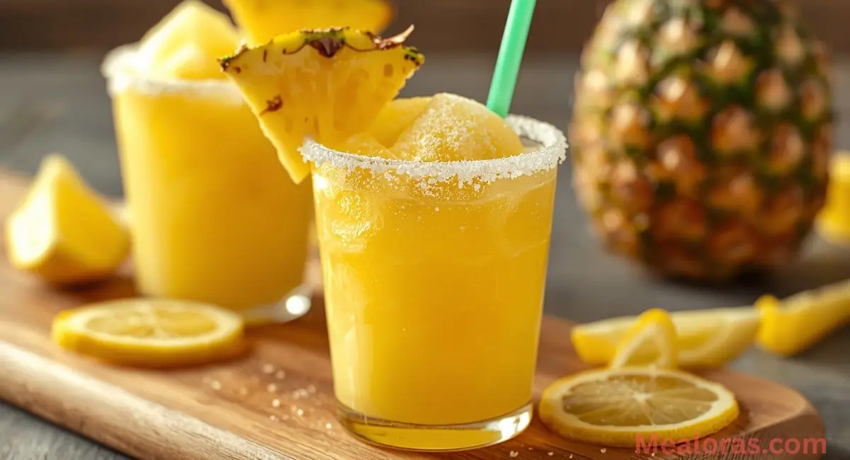 Pouring Pineapple Lemon Drop Mocktail into a sugar-rimmed glass with lemon and pineapple garnish