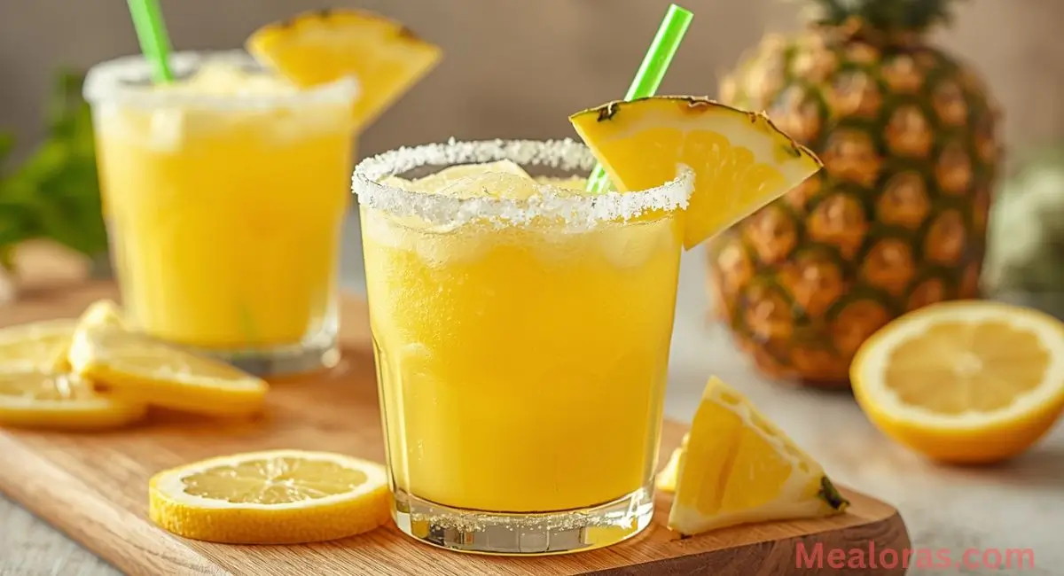 Refreshing Pineapple Lemon Drop Mocktail in a sugar-rimmed glass with lemon and pineapple garnish