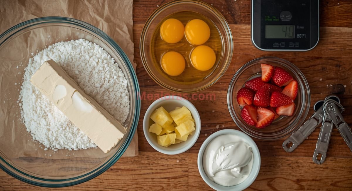 Homemade pineapple strawberry pound cake with golden crust and fresh fruit inside