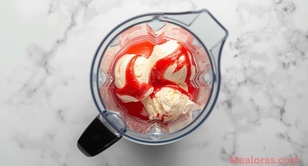 “Vanilla ice cream and strawberry syrup blended together in a blender for the pink candy freakshake base