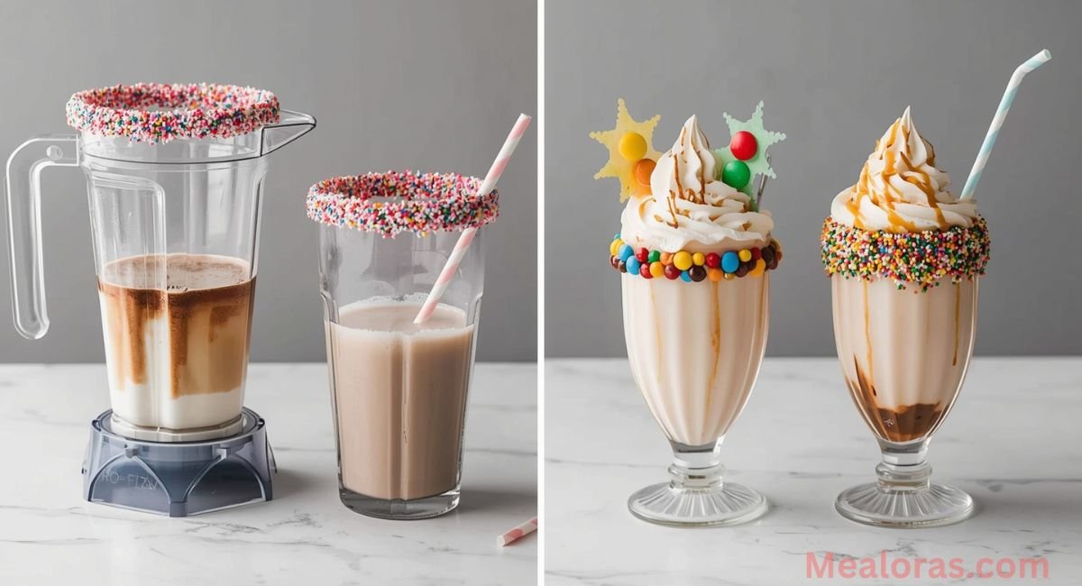 Glass rims dipped in melted chocolate and rolled in pink sprinkles for freakshake decoration