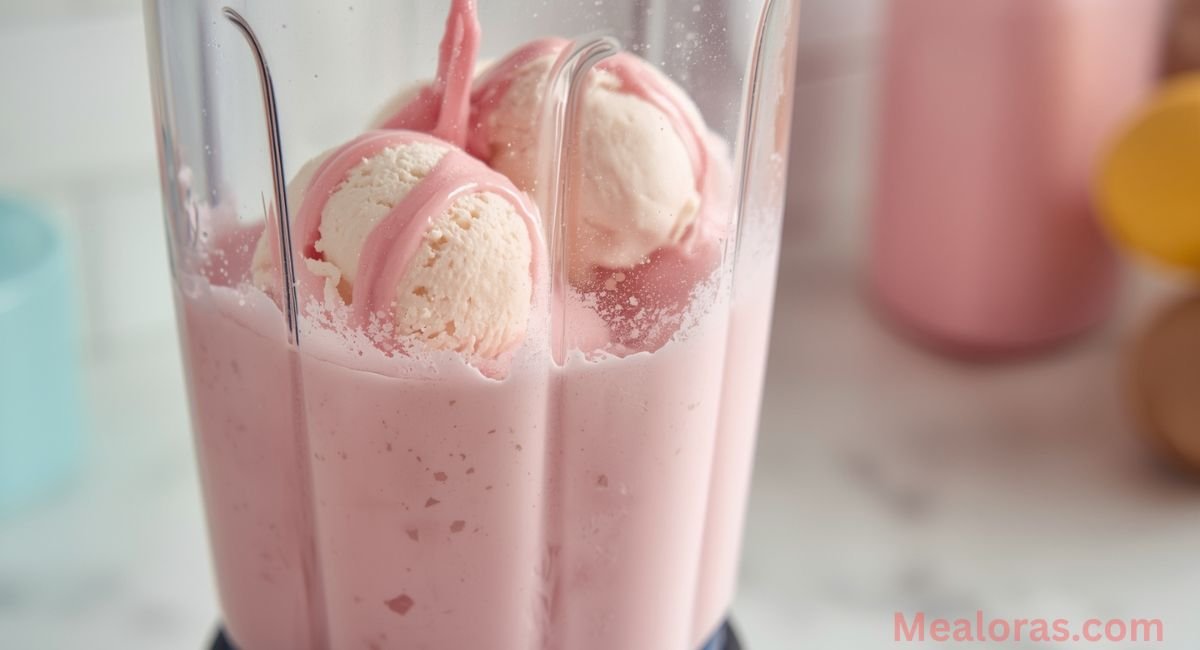 Pouring pastel pink milkshake into decorated glasses with whipped cream and candy toppings