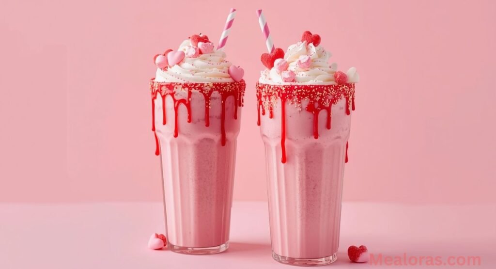 Fun Pink Candy Freakshakes served with whipped cream, candies, and syrup drizzle