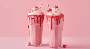 Fun Pink Candy Freakshakes served with whipped cream, candies, and syrup drizzle