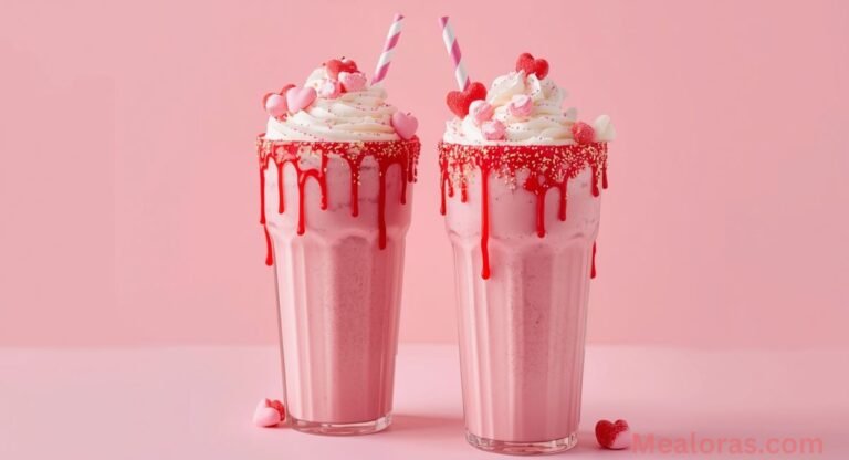 Fun Pink Candy Freakshakes served with whipped cream, candies, and syrup drizzle