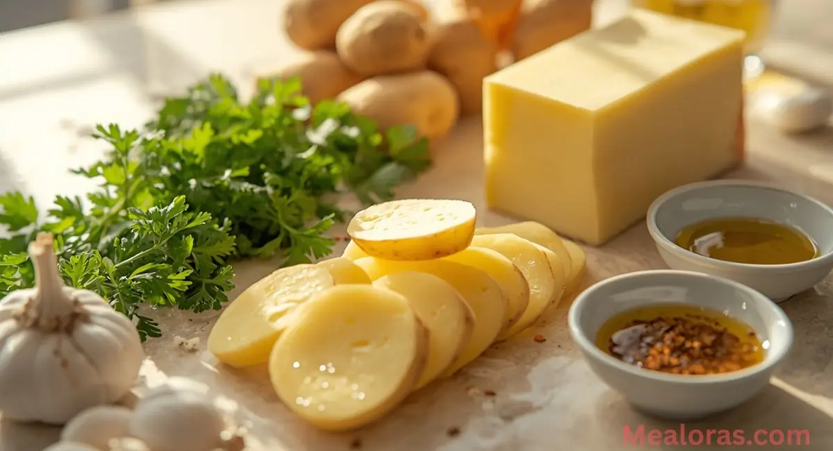 Fresh ingredients for potato gratin — sliced potatoes, grated cheese, butter, garlic, and warm stock on a wooden surface