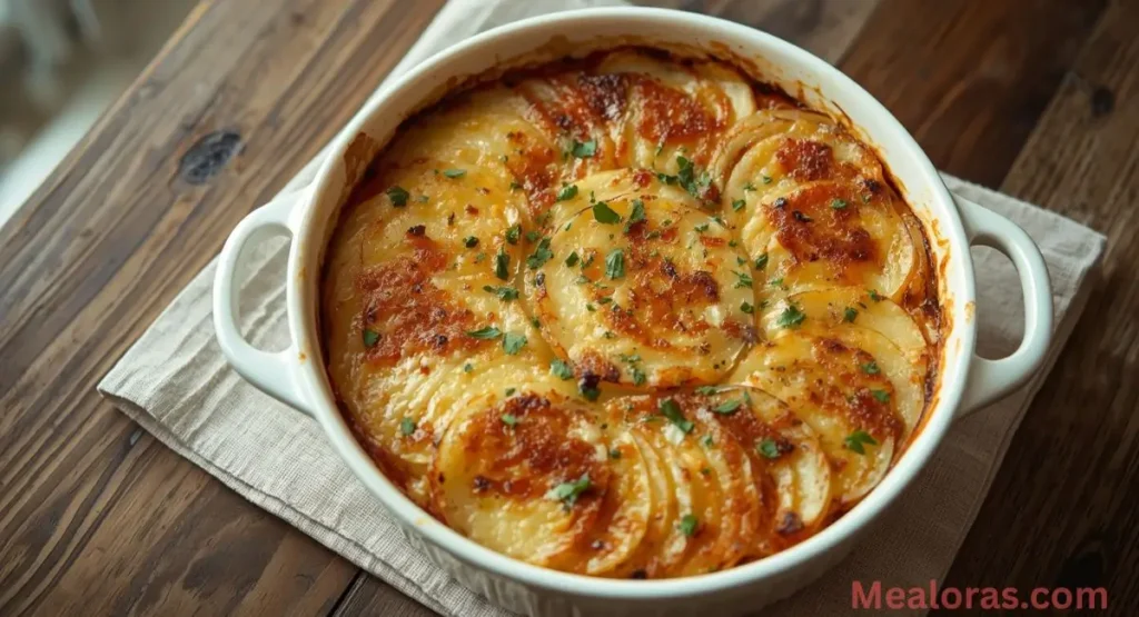 Golden French-style potato gratin without cream topped with melted cheese and parsley in a rustic baking dish